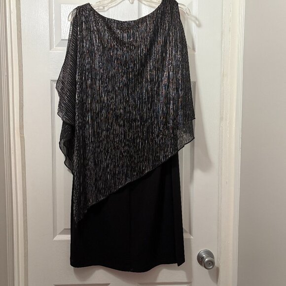 Connected Women's Black Metallic Cape-Overlay Sheath Cocktail Dress. Size 10 - Picture 3 of 14